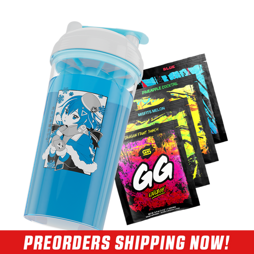 Blue shaker cup with anime girl in winter outfit and four colorful GG Energy drink packets behind it