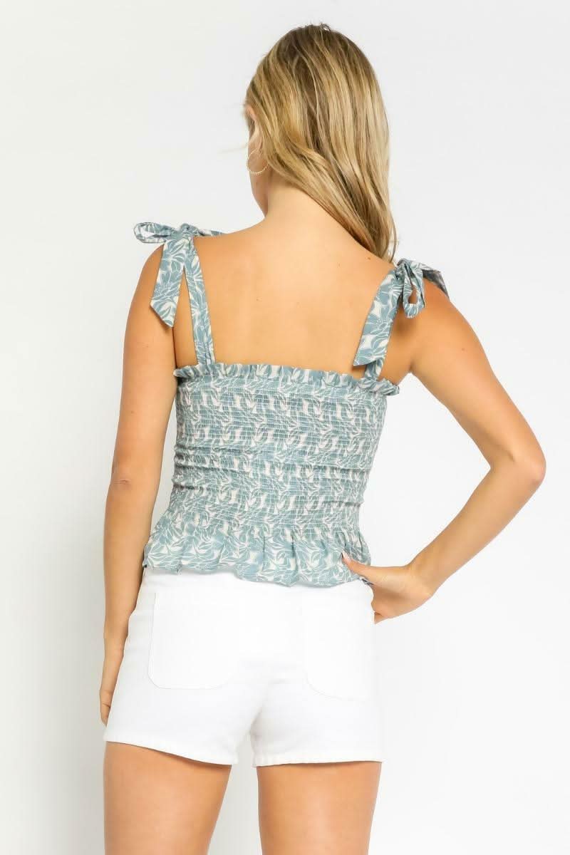 Ava Cream and Blue Floral Smocked Ruffled Tie Strap Top