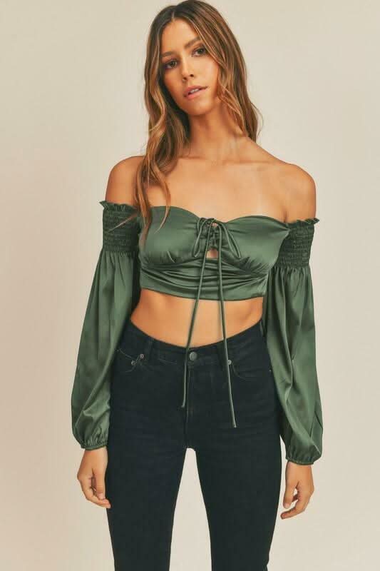 Bri Hunter Green Satin Off-Shoulder Long Sleeve Crop Top