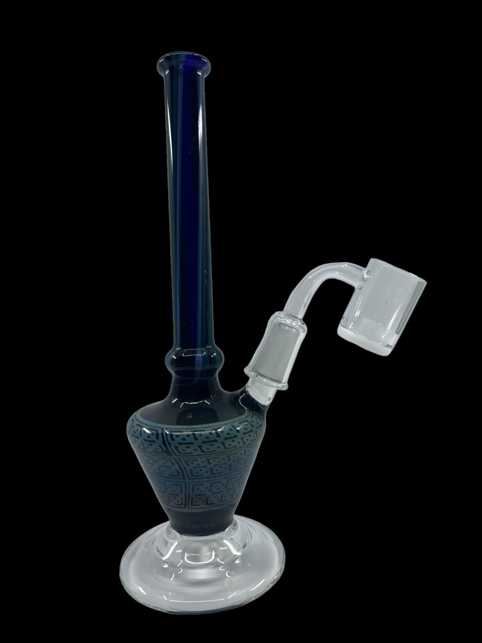 Mini Aztec vase beaker bong with 14mm male joint, handcrafted glass water pipe with intricate Aztec design, compact size for portability, smooth hits, and easy maintenance.