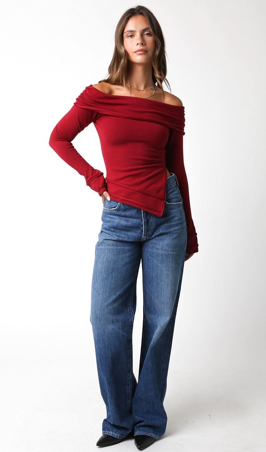 Andrea Red Off Shoulder Asymmetric Sweater Top