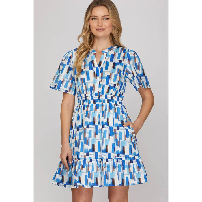 Retro Geometric Print Alice Dress in Blue