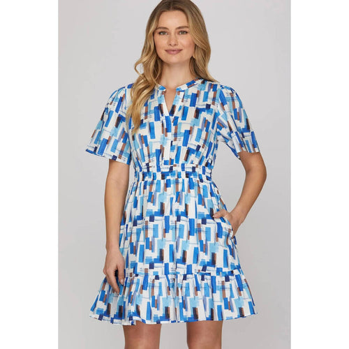 Retro Geometric Print Alice Dress in Blue