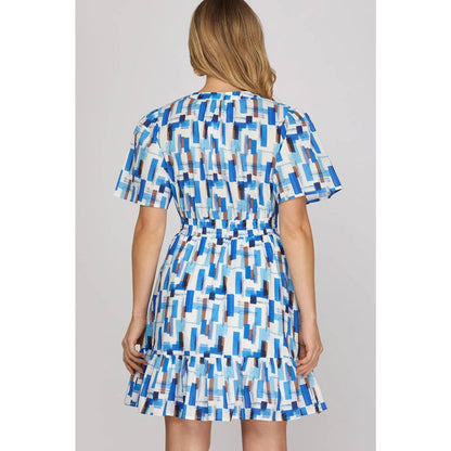 Retro Geometric Print Alice Dress in Blue