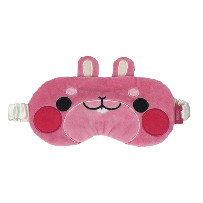 A pink plush sleep mask with a cute cartoon face, featuring bunny ears on top, embroidered facial details, and white elastic straps on both sides, shown against a plain white background.