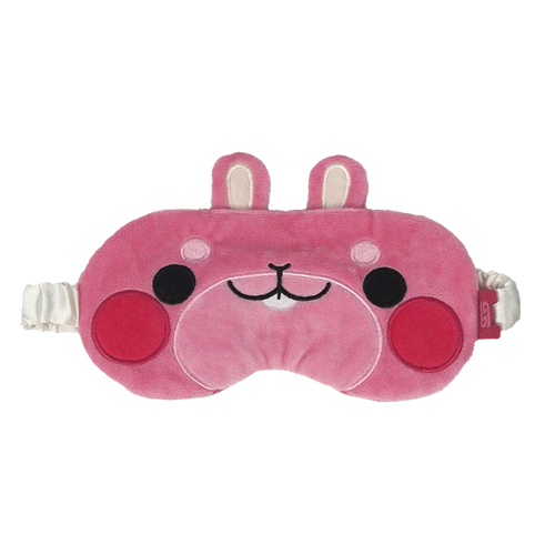 A pink plush sleep mask with a cute cartoon face, featuring bunny ears on top, embroidered facial details, and white elastic straps on both sides, shown against a plain white background.
