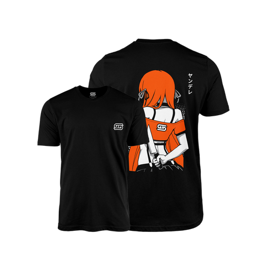 Black shirt with small white logo on front and large anime girl with orange hair holding a knife on the back