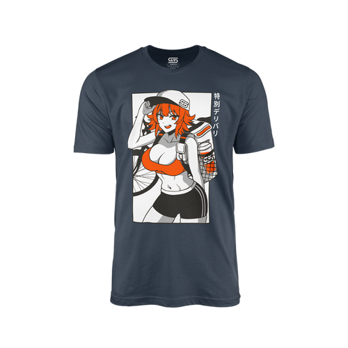 Charcoal shirt featuring an anime delivery girl with orange hair and top, black shorts, and Japanese text.