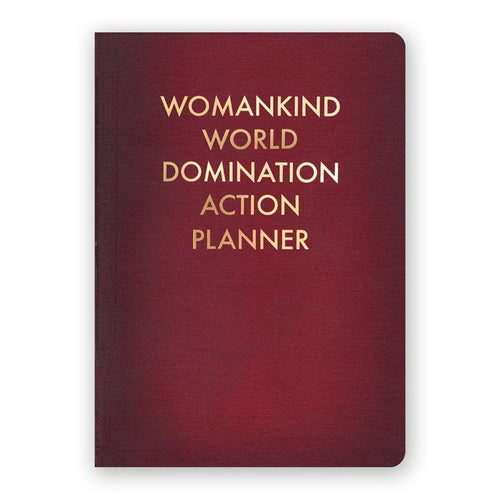 By The Mincing Mockingbird & The Frantic Meerkat  Womankind World Domination Action Planner Journal features 120 alternating dotted/ruled pages of 120 gsm creamy off-white paper that takes ink beautifully. Stylish gold foil stamped cover.  Binding lies flat when open.  Please note that due to everyone’s monitor displaying differently, the colors you see may vary.  Measures 5 x 7 inches — perfect size for a purse or for traveling.